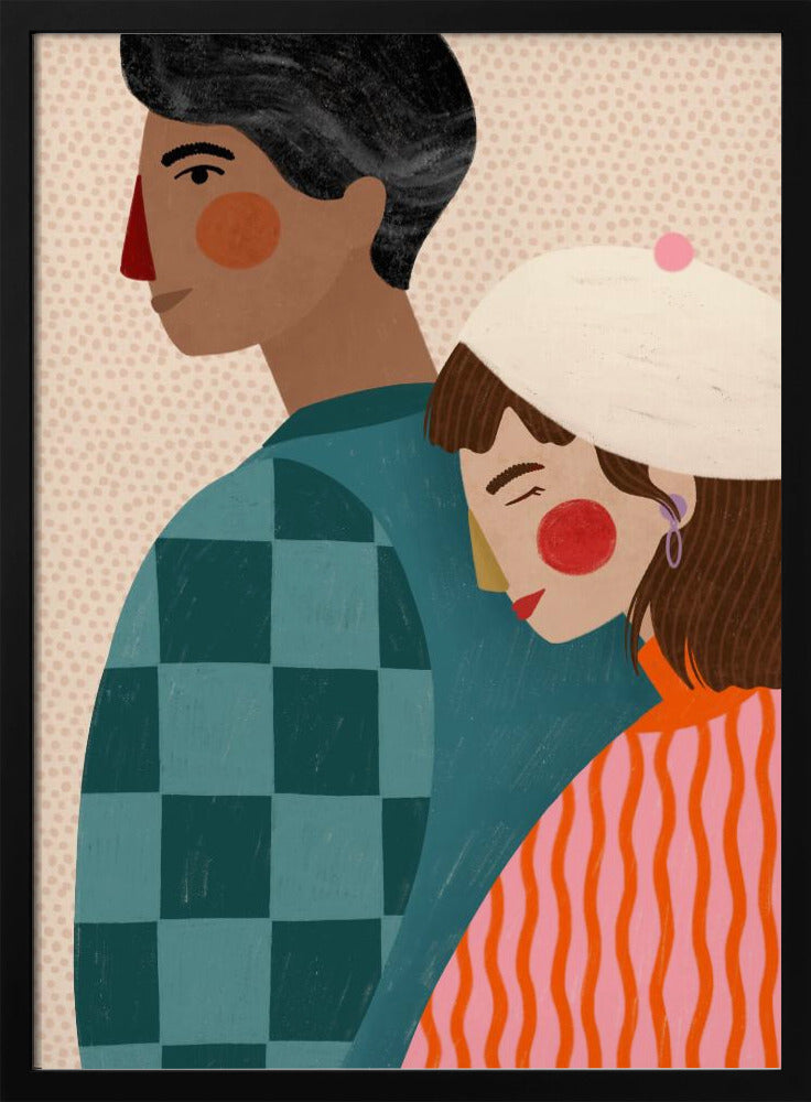 A stylized illustration of a couple against a light dotted background. A woman with a white beret rests her head peacefully on the back of a man. The man is shown in profile, wearing a teal checkered shirt, while the woman wears a vibrant orange and pink striped sweater. Wall Art