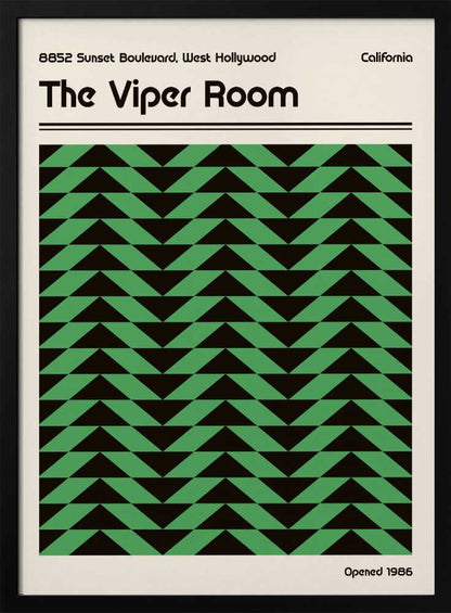 Vintage-style poster for The Viper Room in California, featuring a bold green and black geometric chevron pattern.