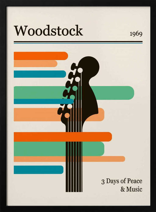A minimalist retro-style poster for the 1969 Woodstock festival. It features a black silhouette of a guitar neck against horizontal stripes of orange, green, and blue on an off-white background. The text 'Woodstock 1969' is at the top, and '3 Days of Peace & Music' is at the bottom. Artwork