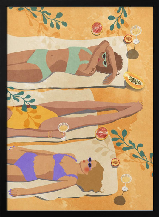 A top-down illustration of three women in colorful bikinis sunbathing on beach towels. They are relaxing on an orange sandy background, surrounded by sliced tropical fruits, glasses of bubbly drinks, and the shadows of green leaves. Wall Art