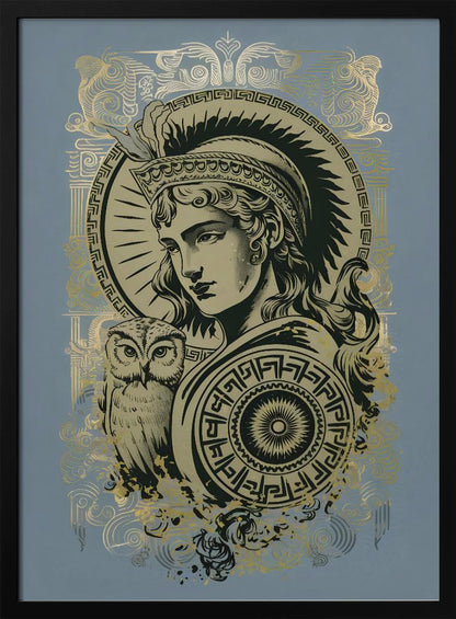 A stylized graphic illustration of the Greek goddess Athena against a muted blue background. Rendered in black and gold, she wears a plumed helmet and holds a patterned shield, with her symbolic owl perched beside her. Print