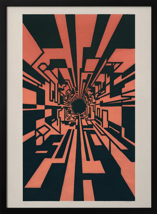 A high-contrast abstract artwork in coral pink and black, depicting a one-point perspective view down a complex geometric tunnel. Angular, blocky shapes create a futuristic corridor that recedes into a dark, circular vanishing point in the center, giving a strong sense of depth and motion. The piece is matted in white and framed in black. Print