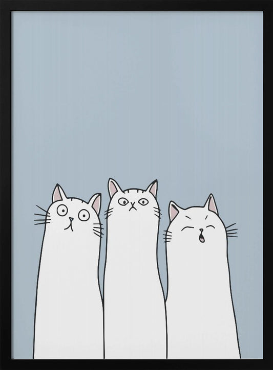 A cartoon illustration of three tall, skinny white cats against a light blue background. The cat on the left looks surprised, the middle one is grumpy, and the one on the right is winking and meowing. Decor