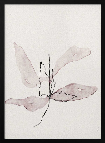 Minimalist ink and watercolor illustration of a delicate purple flower on a white background. Abstract botanical art.