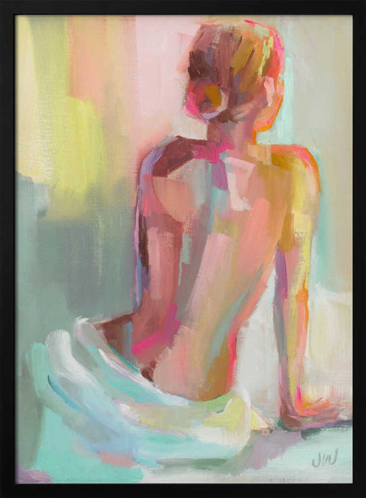 An impressionistic painting of a woman sitting with her back to the viewer, rendered in broad, expressive brushstrokes of pastel pinks, yellows, and mint green. Wall Art