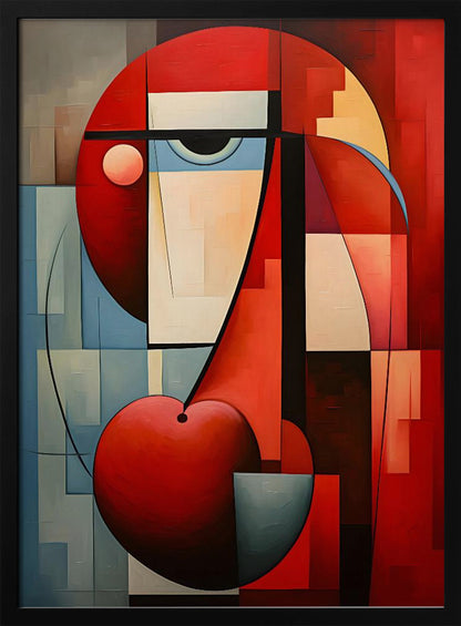 A vibrant abstract painting in a cubist style, featuring a deconstructed face. The composition is dominated by bold red geometric shapes, including a large circle for the head and a heart-like or cherry shape at the bottom. A single stylized eye looks out from a field of cream and light blue blocks, all intersected by strong black lines and planes of color. Artwork