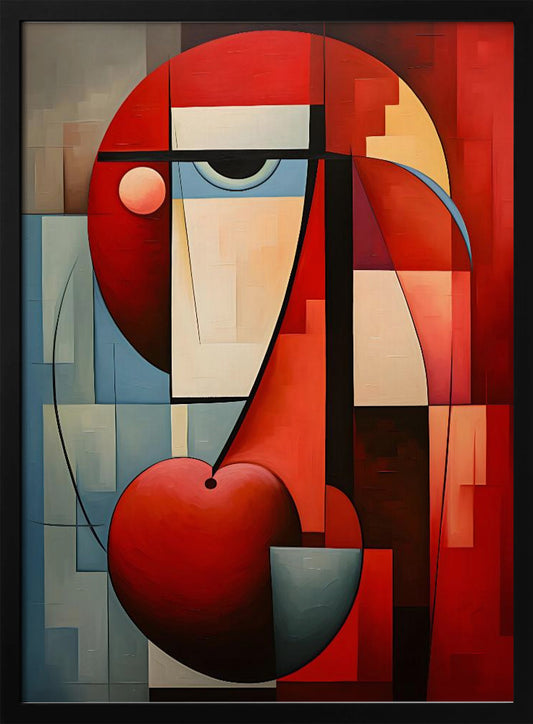 A vibrant abstract painting in a cubist style, featuring a deconstructed face. The composition is dominated by bold red geometric shapes, including a large circle for the head and a heart-like or cherry shape at the bottom. A single stylized eye looks out from a field of cream and light blue blocks, all intersected by strong black lines and planes of color. Artwork