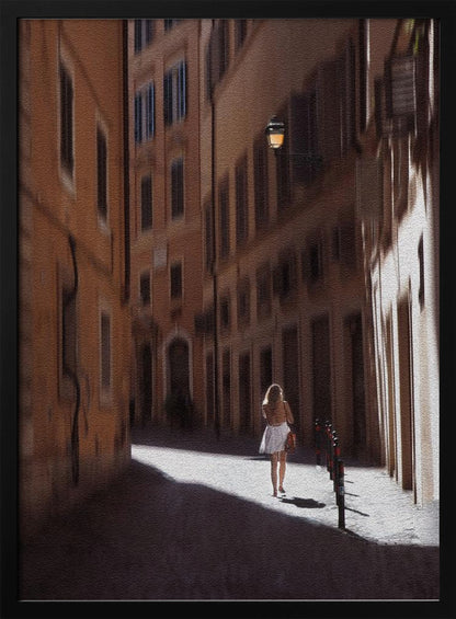 An art print featuring a girl in a scenic setting in Rome, possibly with historic architecture or street views. Decor