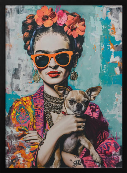 A modern, stylized pop art portrait of Frida Kahlo wearing bright orange sunglasses and red lipstick. Her hair is in an updo with orange and pink flowers, and she is holding a small chihuahua dog against her colorful patterned jacket. The background is an abstract texture of turquoise and white. Print