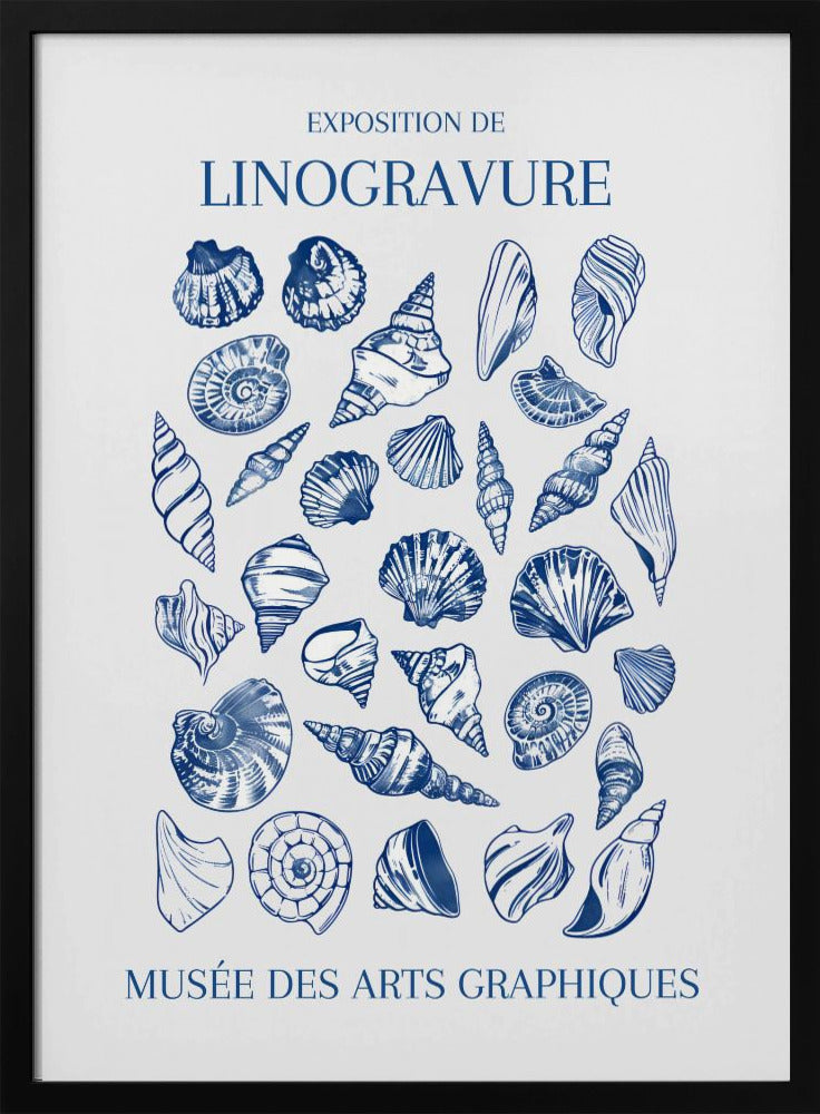 A vintage-style exhibition poster for 'Exposition de Linogravure' at the 'Musée des Arts Graphiques'. The poster features a collection of intricately detailed seashells illustrated in a blue linocut style on an off-white background, all enclosed in a simple black frame. Artwork