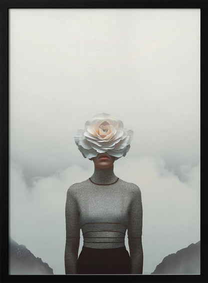 A surrealist portrait of a person from the waist up, their face completely covered by a large, white paper rose. They are wearing a grey turtleneck sweater and stand in front of a foggy, mountainous landscape under a pale grey sky. Poster