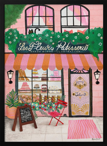 A whimsical illustration of a charming pink French bakery named 'Les Fleurs Patisserie'. A pink and orange striped awning hangs over a window filled with cakes and pastries. A black cat peeks out from a lush green garland above the shop. In front, a small red chair, a chalkboard sign, and an ornate pink door add to the inviting Parisian scene. Print