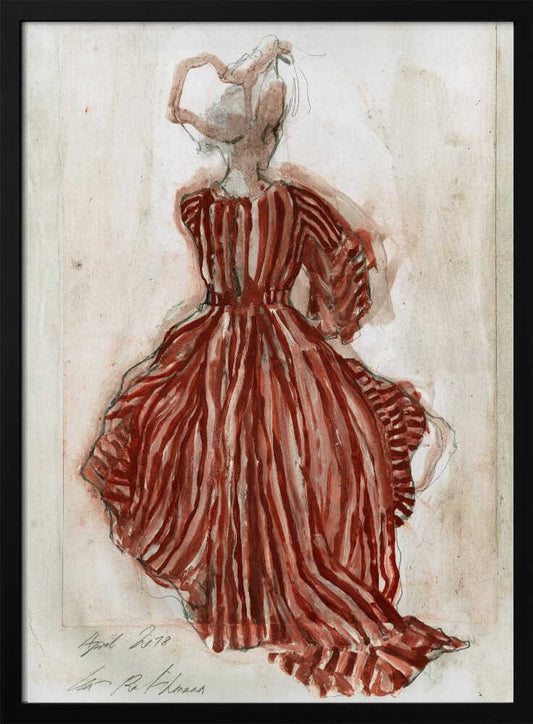 A vintage watercolor sketch of a woman from behind, wearing an elaborate red and white striped gown with long sleeves and a full skirt. Her hair is in an updo, and the artwork has a loose, expressive style on aged paper, presented in a black frame. Wall Art