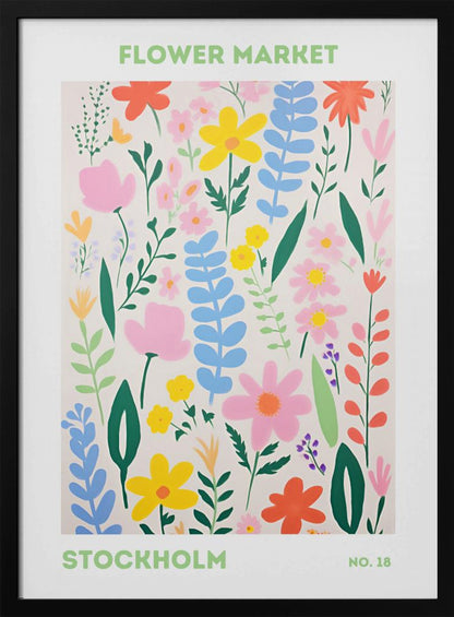 A framed art print of a 'Flower Market Stockholm' poster. It features a colorful, stylized illustration of various flowers and leaves in shades of pink, yellow, blue, and green against a cream background. The text is in a light green sans-serif font. Decor