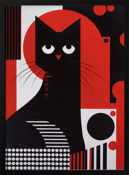 A stylized graphic illustration of a black cat with large, white, crescent-shaped eyes. The cat is set against a large red circle and a background composed of various geometric shapes and patterns in black, white, and red, including stripes, dots, and circles. Decor