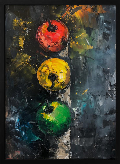 An abstract impasto painting of a traffic light. Three circles—red, yellow, and green—are aligned vertically against a dark, heavily textured background created with thick palette knife strokes. Wall Art