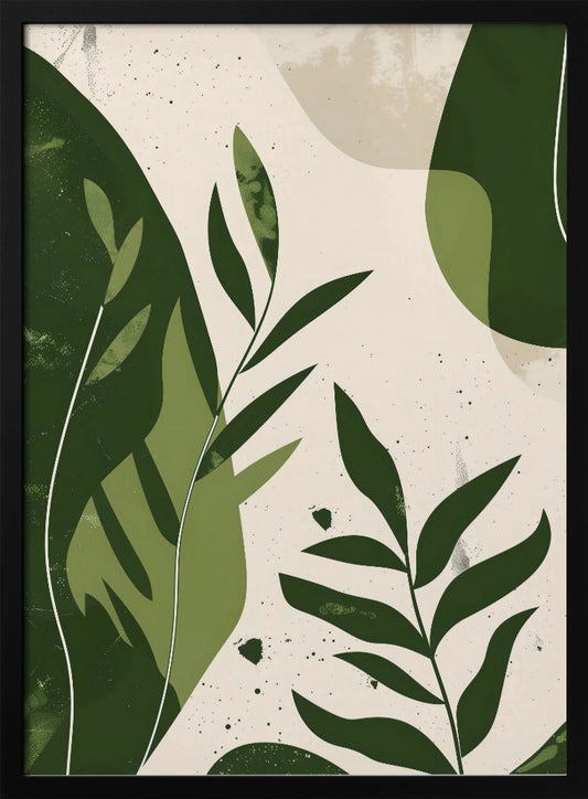 A modern abstract botanical artwork in a black frame, featuring various shades of green leaves and organic shapes layered over a speckled, off-white background. The style is minimalist with a textured, painterly feel. Wall Art