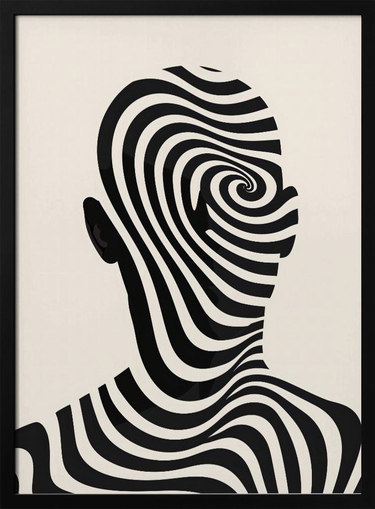 A framed abstract artwork featuring the silhouette of a person's head filled with a hypnotic black and cream spiral optical illusion pattern. The background is a solid cream color. Decor