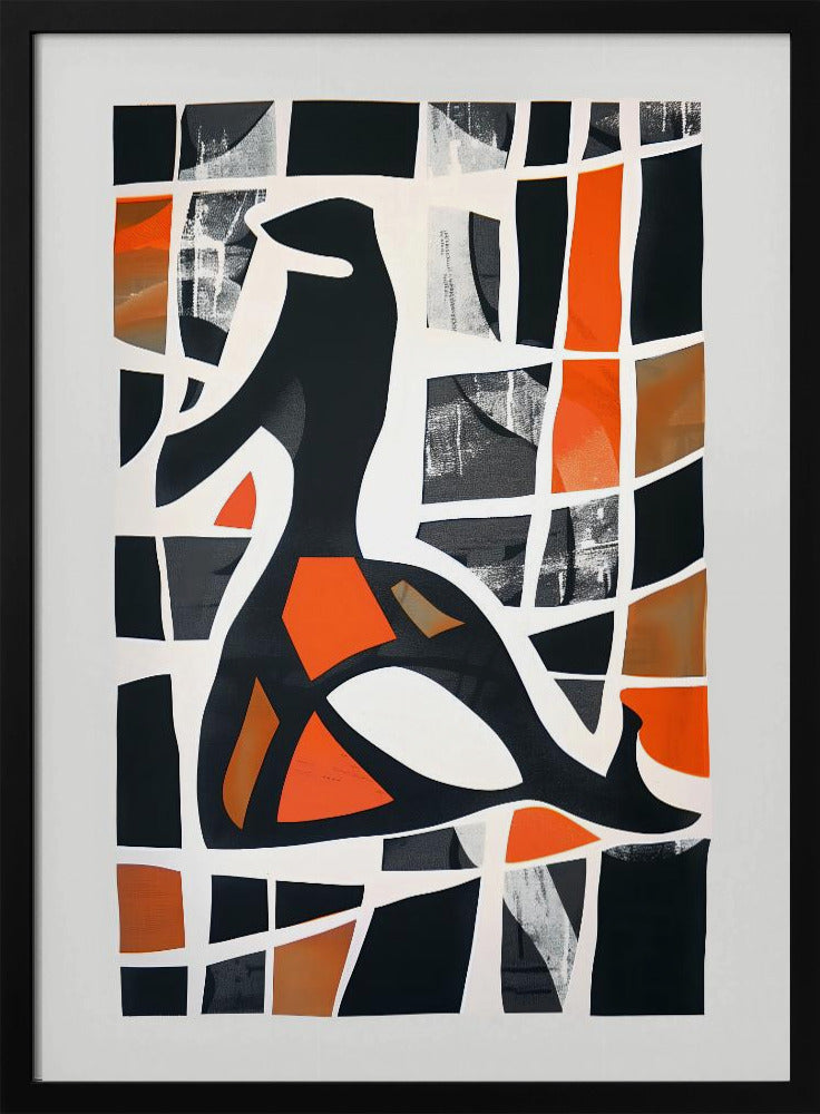A framed abstract collage featuring a central black stylized figure against a background of a deconstructed grid. The grid's cells are filled with solid black, vibrant orange, shades of brown, and textured grey patches, separated by thick, irregular white lines, creating a stained-glass or mosaic effect. Artwork