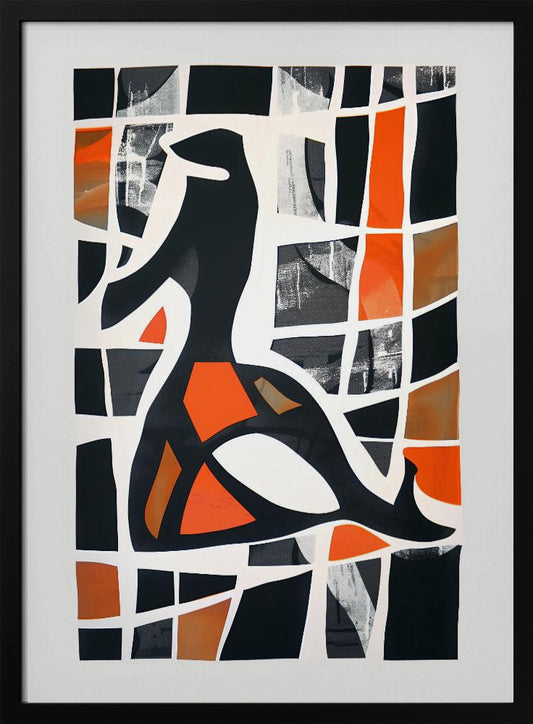 A framed abstract collage featuring a central black stylized figure against a background of a deconstructed grid. The grid's cells are filled with solid black, vibrant orange, shades of brown, and textured grey patches, separated by thick, irregular white lines, creating a stained-glass or mosaic effect. Artwork