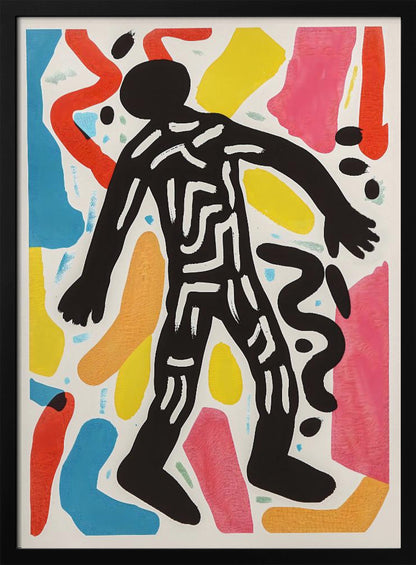 A vibrant abstract artwork featuring a central black silhouette of a person walking, decorated with white maze-like lines. The figure is surrounded by a collage of colorful organic shapes in red, yellow, blue, pink, and orange on a white background, all enclosed in a simple black frame. Artwork