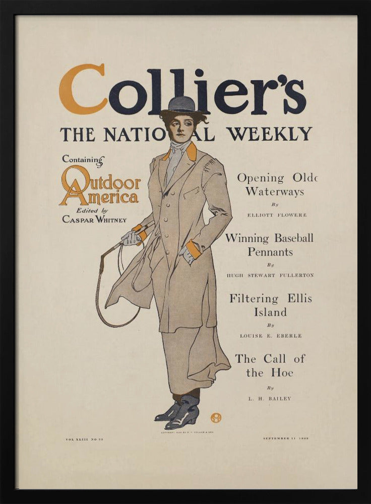 A vintage cover of Collier's magazine, 'The National Weekly', from September 11, 1909. The central illustration is of a woman in Edwardian-era attire, wearing a long tan coat with orange accents, a grey hat, and holding a riding crop. The magazine title is prominent at the top, with a table of contents listed to the right. Decor