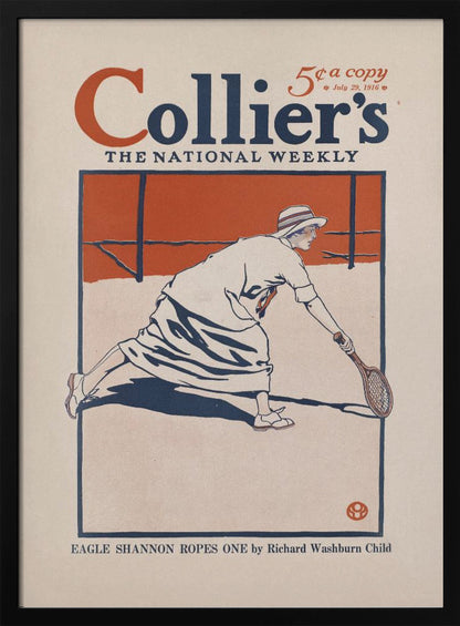 A vintage Collier's magazine cover from July 29, 1916, featuring an illustration of a woman in period athletic wear playing tennis. She is in mid-lunge, reaching for the ball with her racquet. The artwork uses a limited color palette of orange, dark blue, and off-white, all contained within a black frame. Poster