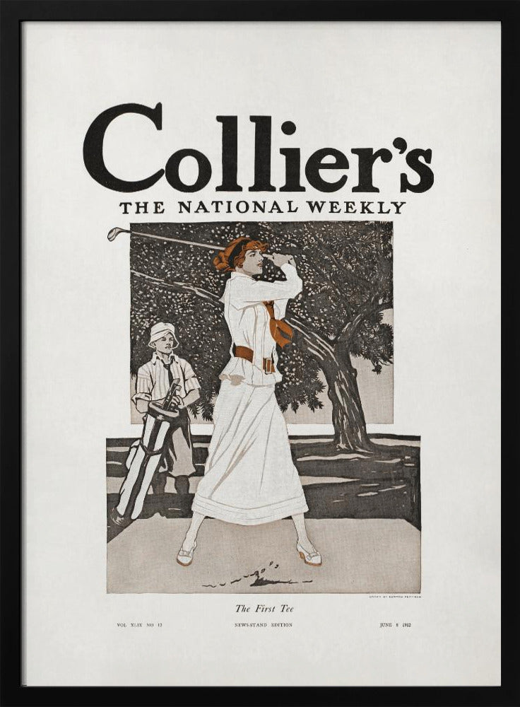 A vintage Collier's magazine cover from June 8, 1912, titled 'The First Tee'. The illustration shows an elegantly dressed woman in a long white gown swinging a golf club, with a young caddy standing nearby against a backdrop of a large tree. Decor