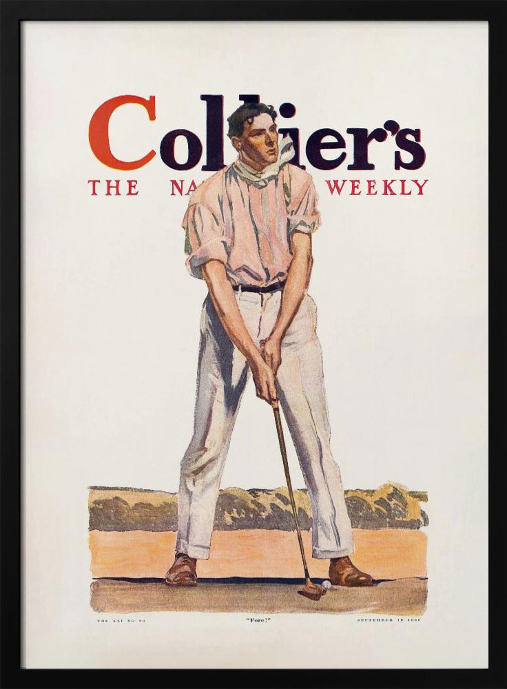 A vintage Collier's magazine cover from September 19, 1908, featuring an illustration of a male golfer in a pink shirt and white pants, mid-swing with a golf club. The magazine's title is prominent at the top, and the word 'Fore!' is at the bottom. Decor
