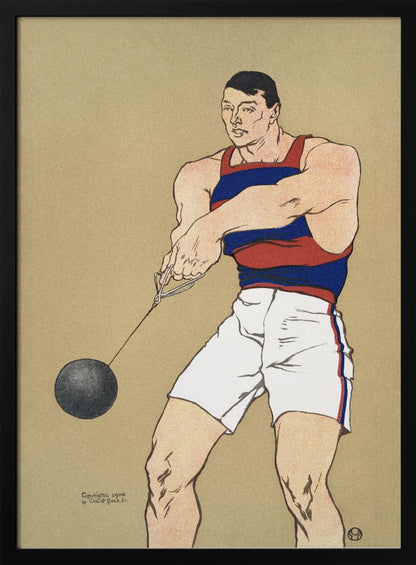 A vintage illustration from 1908 depicting a muscular male athlete preparing for a hammer throw. He wears a red and blue striped singlet and white shorts, holding the hammer with both hands against a plain beige background. Print