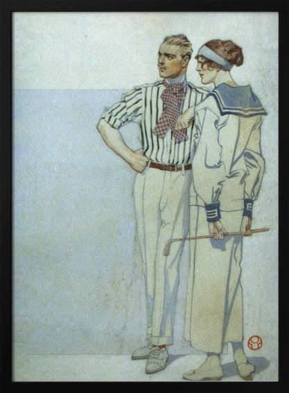 A vintage Art Deco illustration of a stylish couple from the 1920s. The man wears a striped shirt and ascot, while the woman wears a sailor-style dress and holds a golf club. Decor