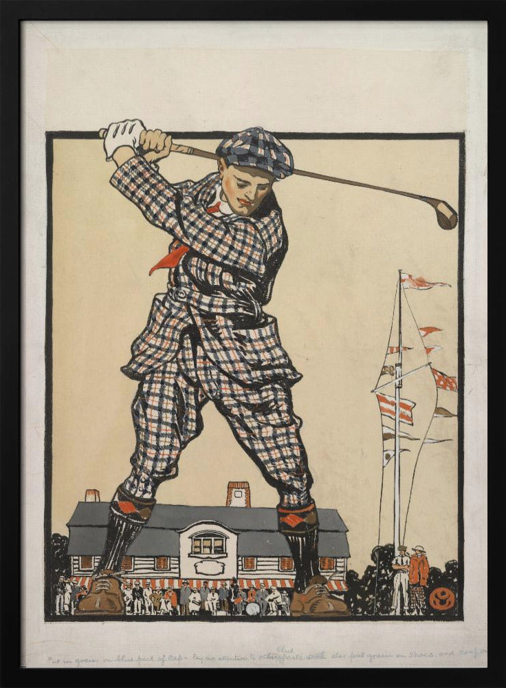 A vintage illustration of a giant golfer in a blue and red plaid suit and cap, taking a powerful swing while standing astride a clubhouse, with a crowd of tiny people watching from below. Wall Art