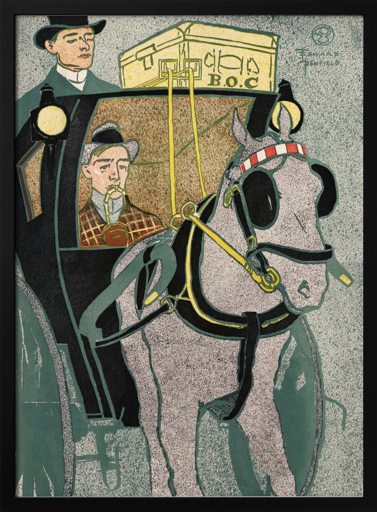 A vintage Art Nouveau style illustration by Edward Penfield depicting a horse-drawn carriage. A stippled gray horse in black and yellow harness is in the foreground, while a man in a plaid coat smokes a pipe inside the black carriage. Another man in a top hat stands on the carriage, with yellow luggage labeled 'B.O.C' on the roof. Poster
