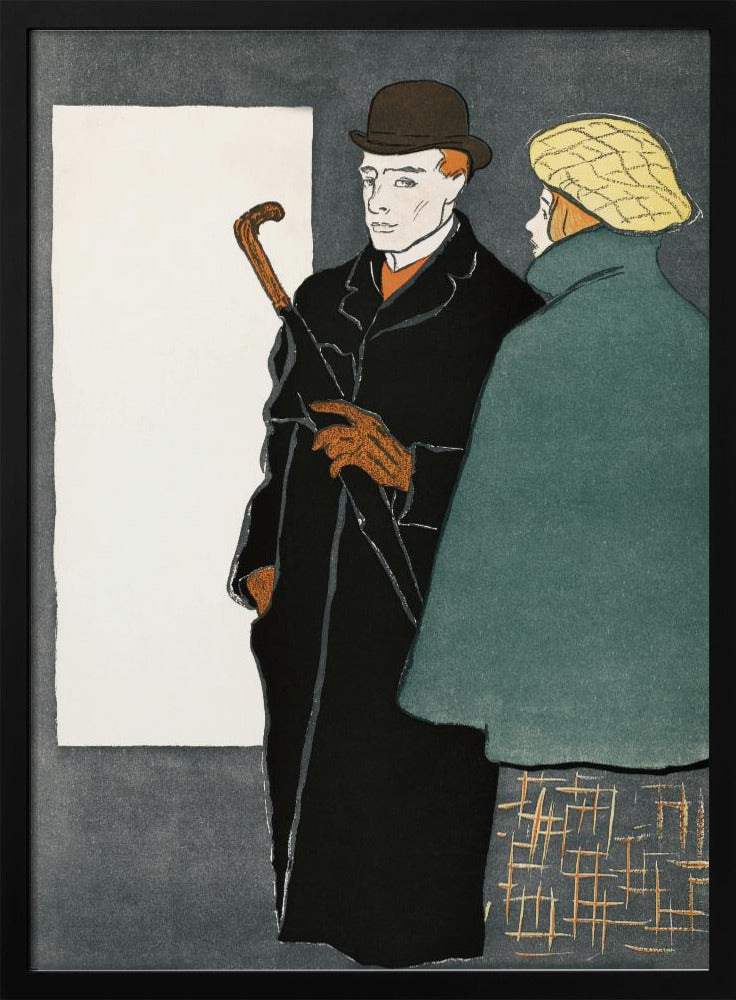 A vintage-style graphic illustration of a man and a woman. The man in the foreground wears a black overcoat, a brown bowler hat, and orange gloves while holding a closed umbrella. To his right, a woman is seen from behind, wearing a green coat and a yellow patterned cap. The background is a dark grey with a large white rectangle on the left. Wall Art