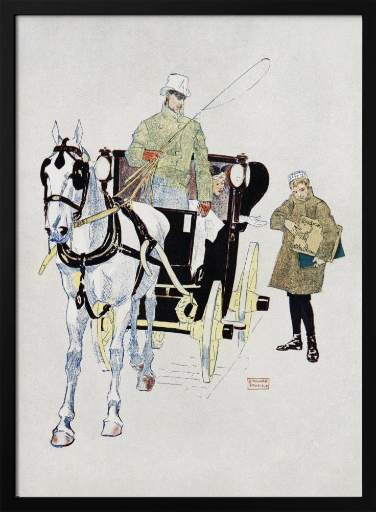 A vintage illustration by Edward Penfield of a white horse harnessed to a black carriage. A driver in a green coat and white top hat holds the reins, while a young boy in a coat stands beside them holding a large book or portfolio. Poster