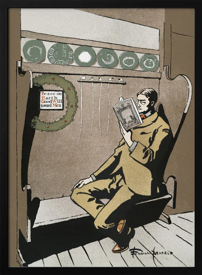 A vintage illustration by Edward Penfield showing a man in a tan suit and glasses relaxing in a high-backed chair while reading a book. A Christmas wreath with the message 'Peace on Earth GoodWill toward Men' hangs to his left, creating a quiet holiday scene. Artwork