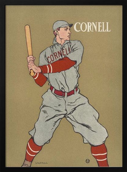 A vintage-style poster of a Cornell University baseball player at bat. The player is illustrated in a grey uniform with red sleeves and socks, holding a bat and ready to swing, against a solid tan background. The word 'CORNELL' is written in the top right and across the player's chest. Print