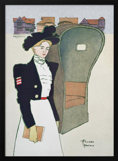 An Art Nouveau illustration by Edward Penfield depicting a stylish woman in a large black hat, a dark navy jacket with an American flag patch, and a long white skirt. She holds a book and stands next to a carriage, with stylized houses in the background. Artwork