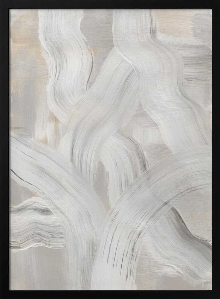 Abstract painting with interwoven, thick white and gray brushstrokes on a light neutral background. Modern minimalist wall art.