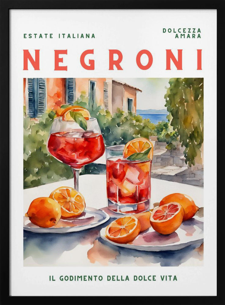 A vintage-style poster for a Negroni cocktail with the words 'Estate Italiana' and 'Negroni' at the top. The poster features a watercolor illustration of two glasses of Negroni on a white table with fresh oranges, set against a sunny Italian coastal backdrop with a villa and the sea. At the bottom, it reads 'Il Godimento Della Dolce Vita'. Artwork