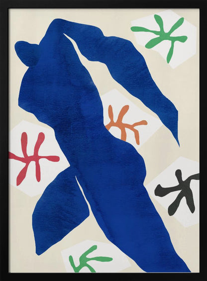 A framed abstract artwork by Henri Matisse featuring a large, solid blue cut-out figure in a dynamic pose against a cream background. Surrounding the figure are smaller, colorful, stylized floral or star-like shapes in red, green, orange, and black. Decor