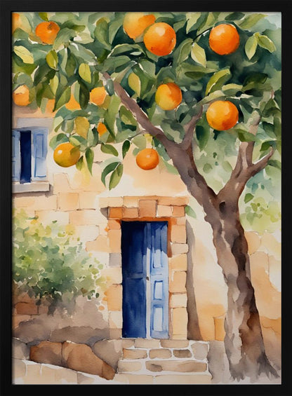 A watercolor painting of a sunlit stone cottage featuring a vibrant blue door, with a large, leafy orange tree full of ripe fruit in the foreground. Wall Art