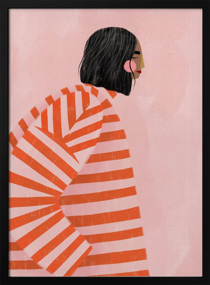 A modern illustration of a woman with short black hair in profile, wearing an oversized sweater with bold orange and light pink horizontal stripes, set against a solid pink background. Artwork