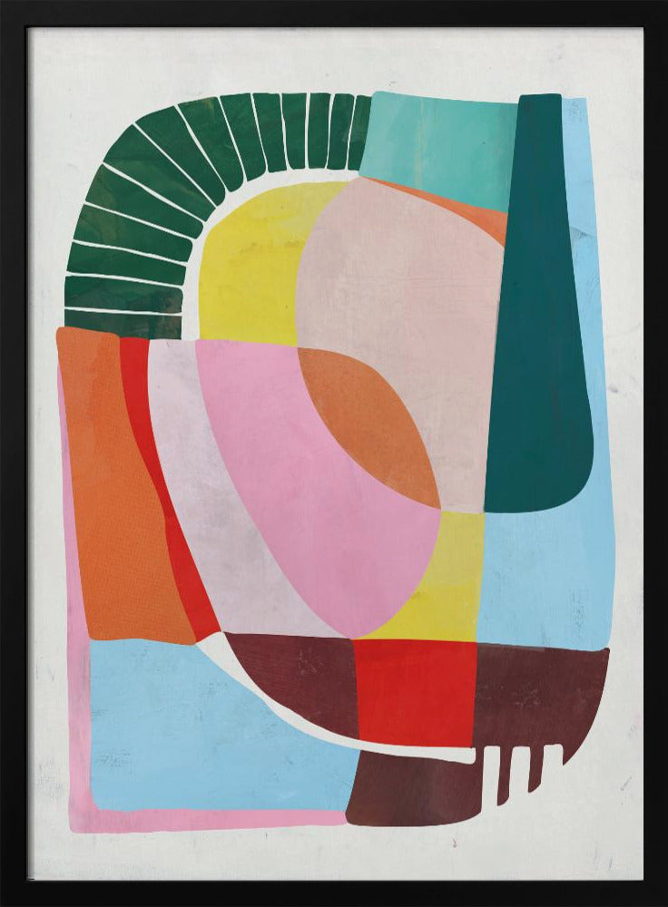 A modern abstract artwork in a black frame, featuring a colorful collage of geometric and curved shapes. Prominent elements include a dark green segmented arch, a yellow semi-circle, and large overlapping forms in shades of pink, blue, orange, and brown against a white background. Poster