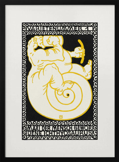 A vintage German poster in a graphic woodcut style, featuring a mythical creature that is half-man, half-ichthyosaurus with a coiled tail. The figure is rendered in cream with yellow outlines against a solid black background, enclosed by a decorative black and white border. Stylized German text appears at the top and bottom of the artwork. Print
