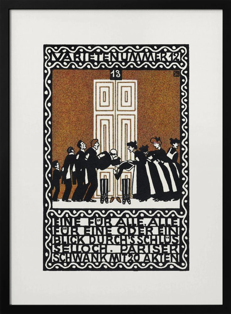 A vintage German Art Nouveau poster with a decorative black and white border. The central illustration, on a stippled brown background, depicts a stylized scene of men and women in formal attire in front of a large white door. German text is integrated into the design at the top and bottom. Decor