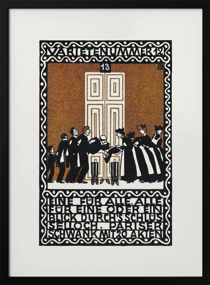 A vintage German Art Nouveau poster with a decorative black and white border. The central illustration, on a stippled brown background, depicts a stylized scene of men and women in formal attire in front of a large white door. German text is integrated into the design at the top and bottom. Decor
