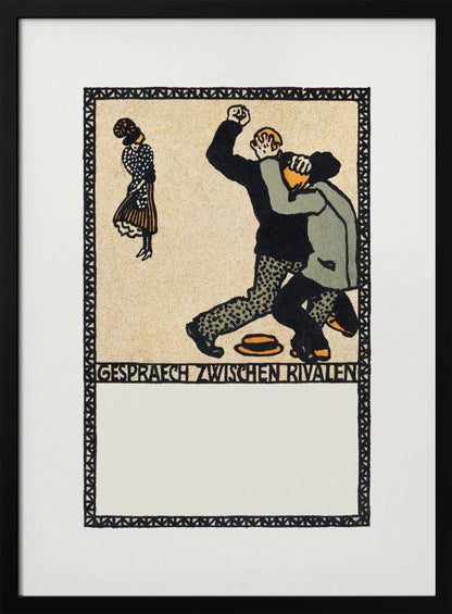 A vintage German art print in a woodcut style titled 'Gespraech zwischen Rivalen', depicting two men fighting while a woman stands watching. The scene is rendered in black, beige, gray, and orange against a cream-colored background, all enclosed within a patterned border and a black frame. Decor