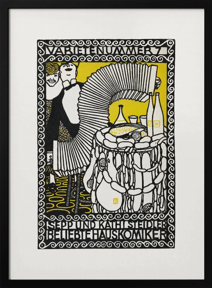 A vintage German woodcut-style poster in black, white, and yellow. It depicts two performers, a man playing a large accordion and a woman smiling behind him. A table with food and drinks is to the right. The artwork is framed by an ornate border with German text at the top and bottom. Artwork