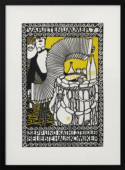 A vintage German woodcut-style poster in black, white, and yellow. It depicts two performers, a man playing a large accordion and a woman smiling behind him. A table with food and drinks is to the right. The artwork is framed by an ornate border with German text at the top and bottom. Artwork